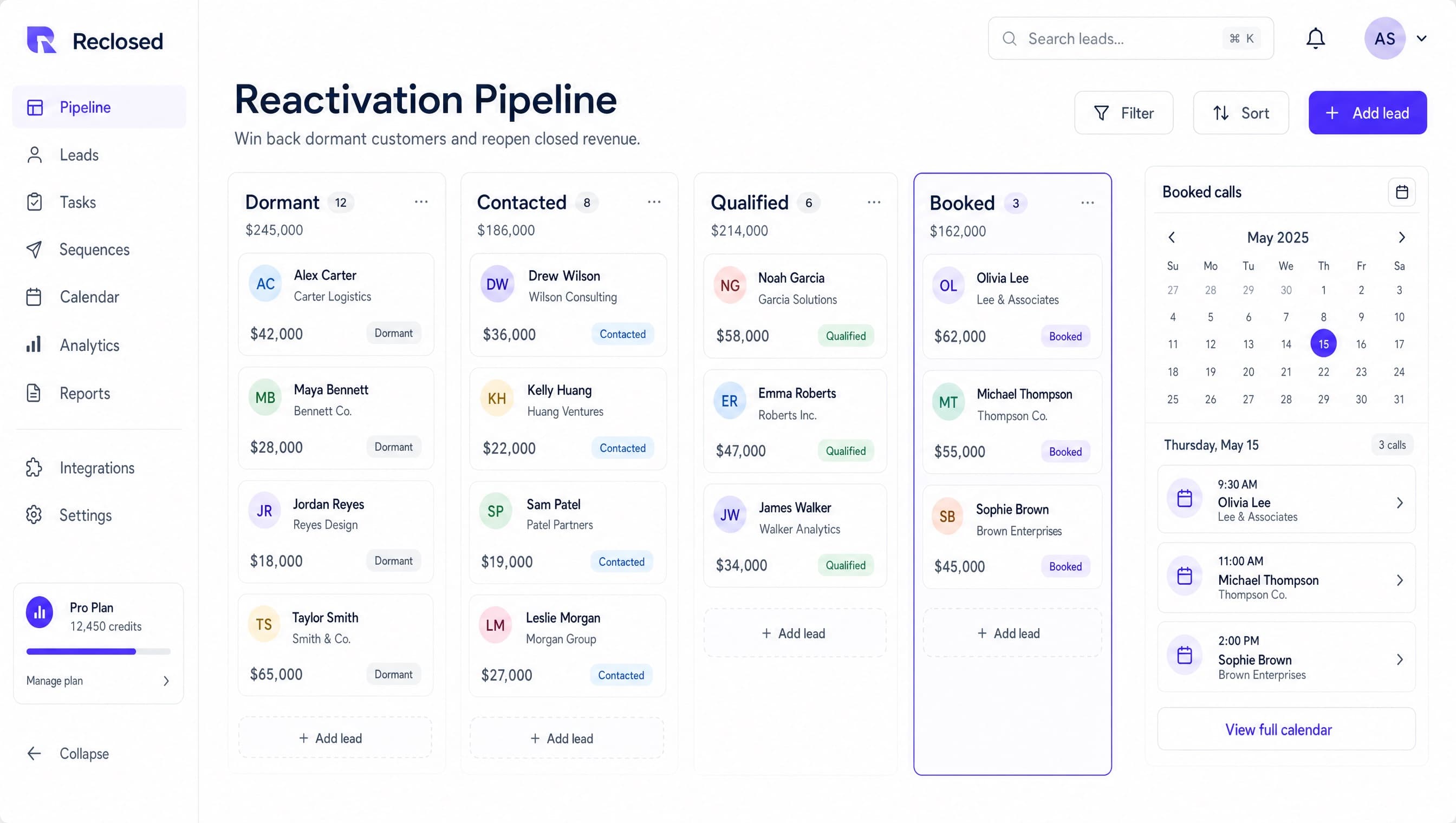 Reclosed reactivation pipeline showing dormant leads moving to booked calls